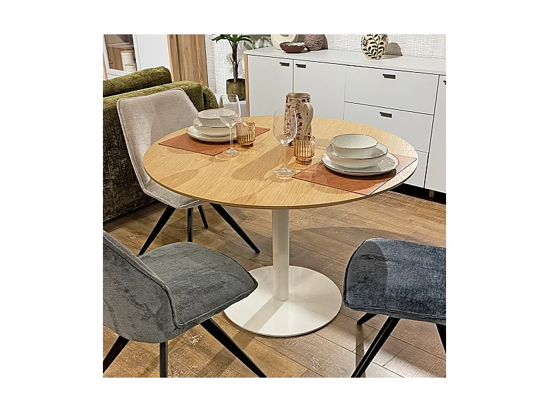 Table repas ronde 110 cm plaqué chêne pied métal blanc – VALERIA