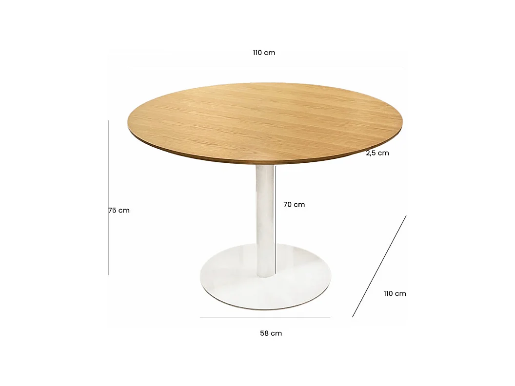 Table repas ronde 110 cm plaqué chêne pied métal blanc – VALERIA