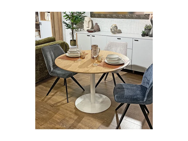 Table repas ronde 110 cm plaqué chêne pied métal blanc – VALERIA