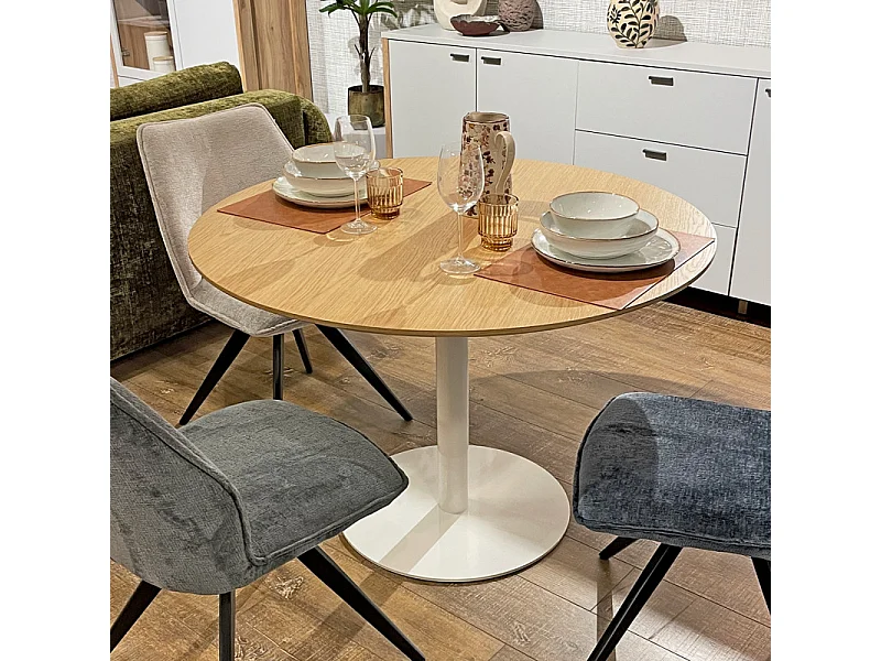 Table repas ronde 110 cm plaqué chêne pied métal blanc – VALERIA