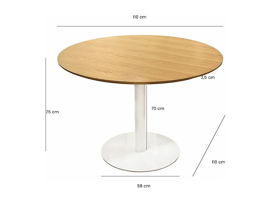 Table repas ronde 110 cm plaqué chêne pied métal blanc – VALERIA