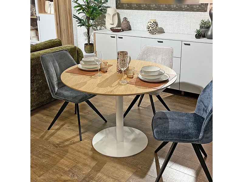 Table repas ronde 110 cm plaqué chêne pied métal blanc – VALERIA