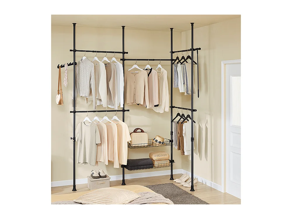 SoBuy Portemanteau Télescopique Solide avec Tringle et Étagère Noire Réglable