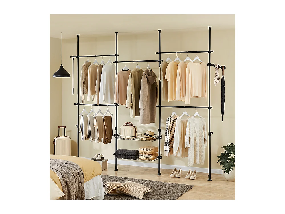 SoBuy Portemanteau Télescopique Solide avec Tringle et Étagère Noire Réglable