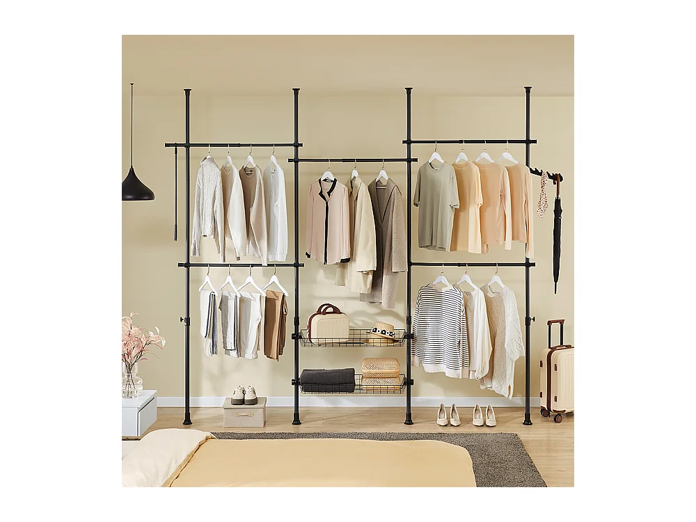 SoBuy Portemanteau Télescopique Solide avec Tringle et Étagère Noire Réglable