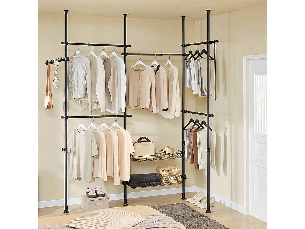 SoBuy Portemanteau Télescopique Solide avec Tringle et Étagère Noire Réglable