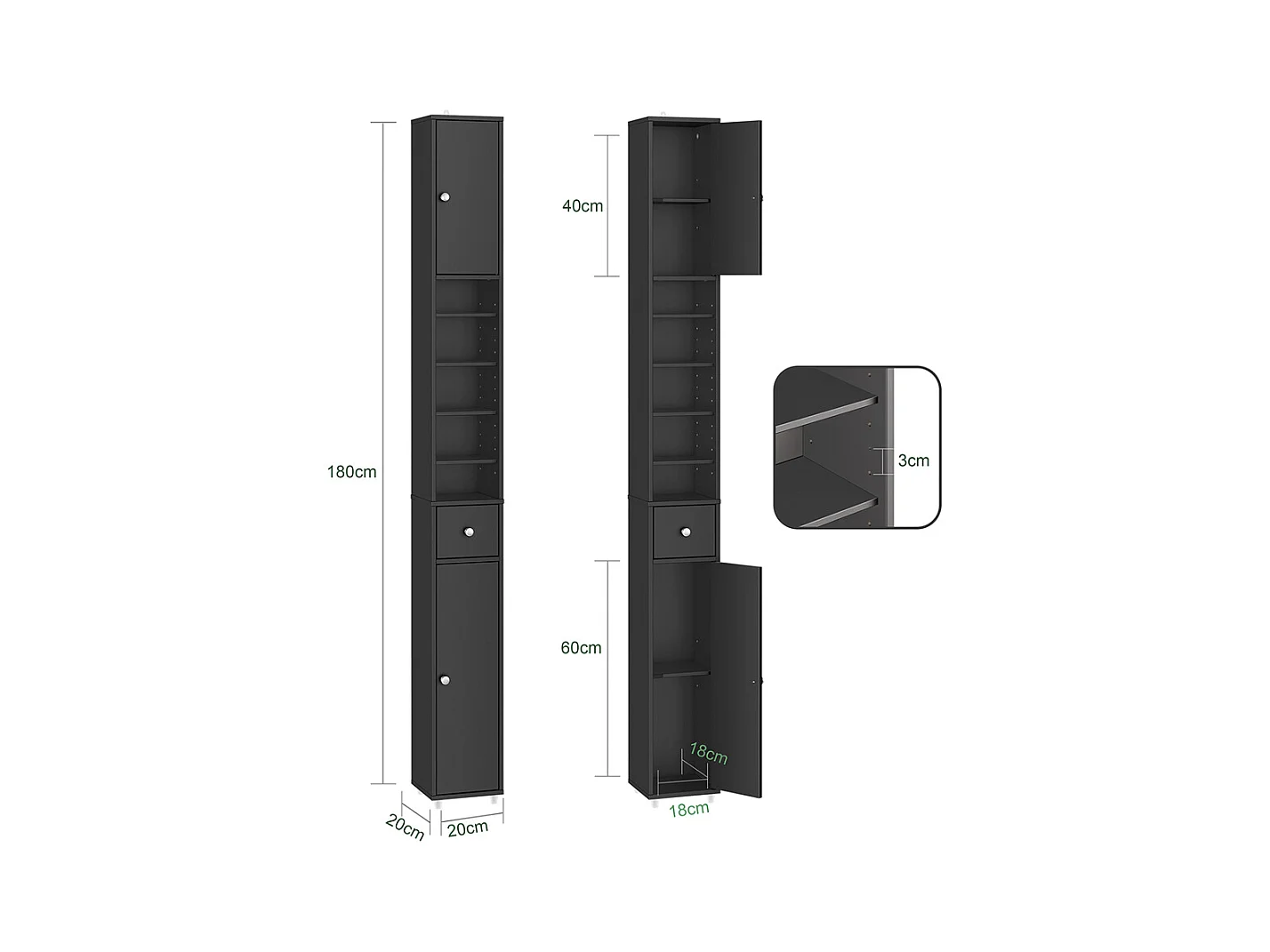 SoBuy Colonne de salle de bain étanche avec étagères et tiroirs réglables noire