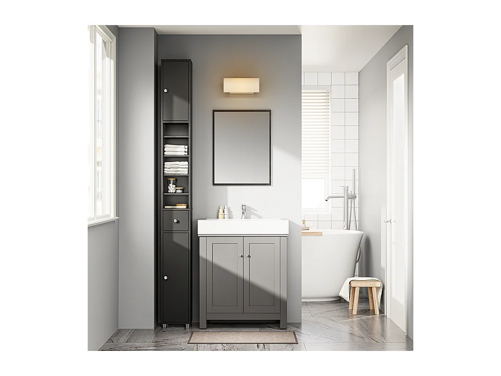 SoBuy Colonne de salle de bain étanche avec étagères et tiroirs réglables noire