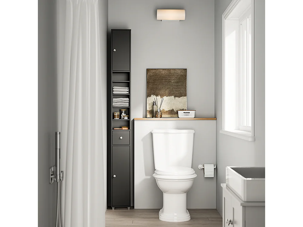 SoBuy Colonne de salle de bain étanche avec étagères et tiroirs réglables noire