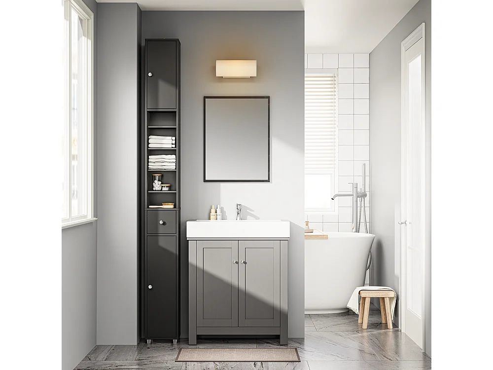 SoBuy Colonne de salle de bain étanche avec étagères et tiroirs réglables noire