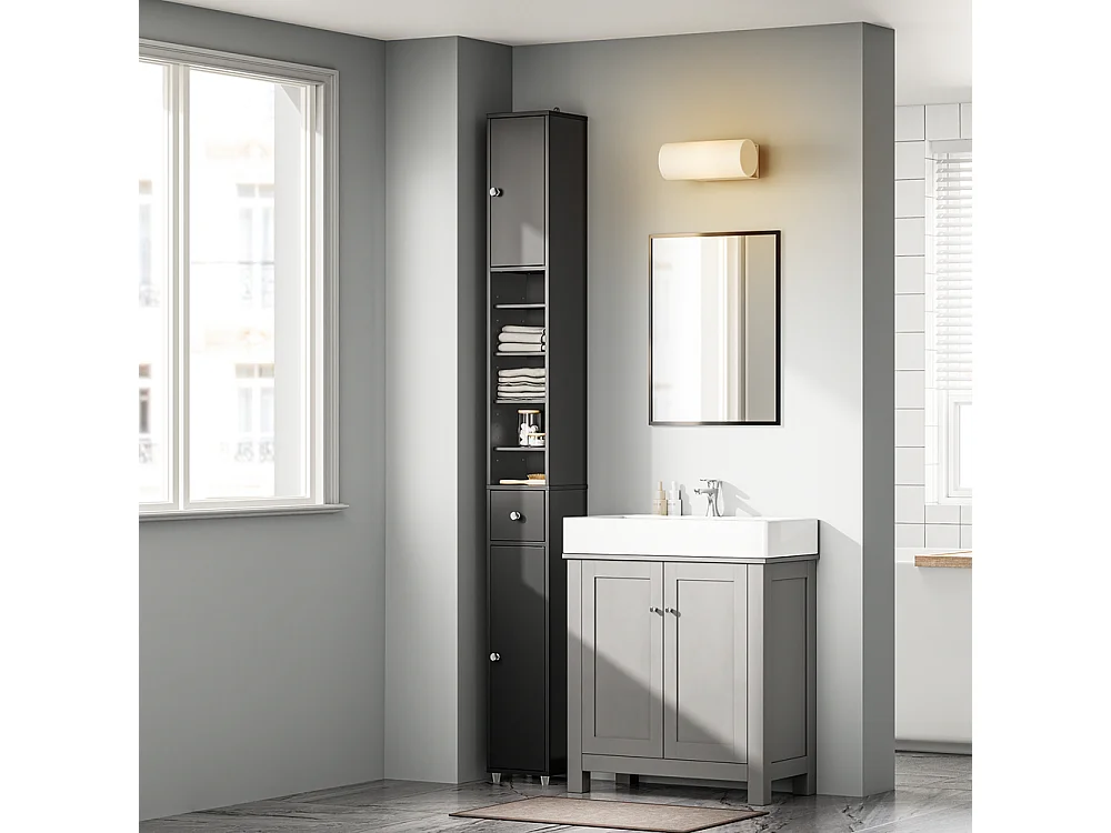 SoBuy Colonne de salle de bain étanche avec étagères et tiroirs réglables noire