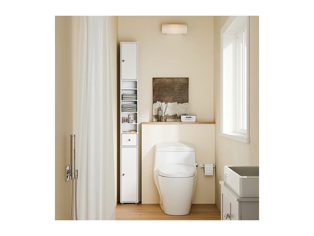 SoBuy Colonne de Salle de Bain Étroite Hydrofuge avec Étagères et Tiroirs Blancs