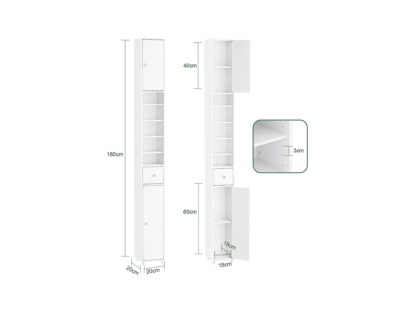 SoBuy Colonne de Salle de Bain Étroite Hydrofuge avec Étagères et Tiroirs Blancs