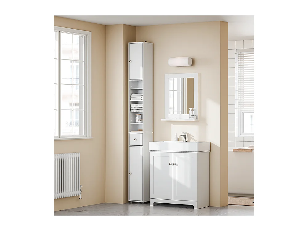 SoBuy Colonne de Salle de Bain Étroite Hydrofuge avec Étagères et Tiroirs Blancs