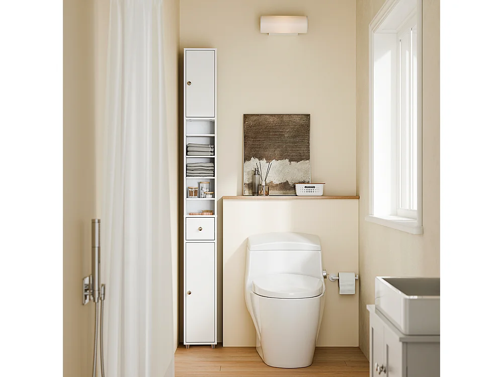 SoBuy Colonne de Salle de Bain Étroite Hydrofuge avec Étagères et Tiroirs Blancs