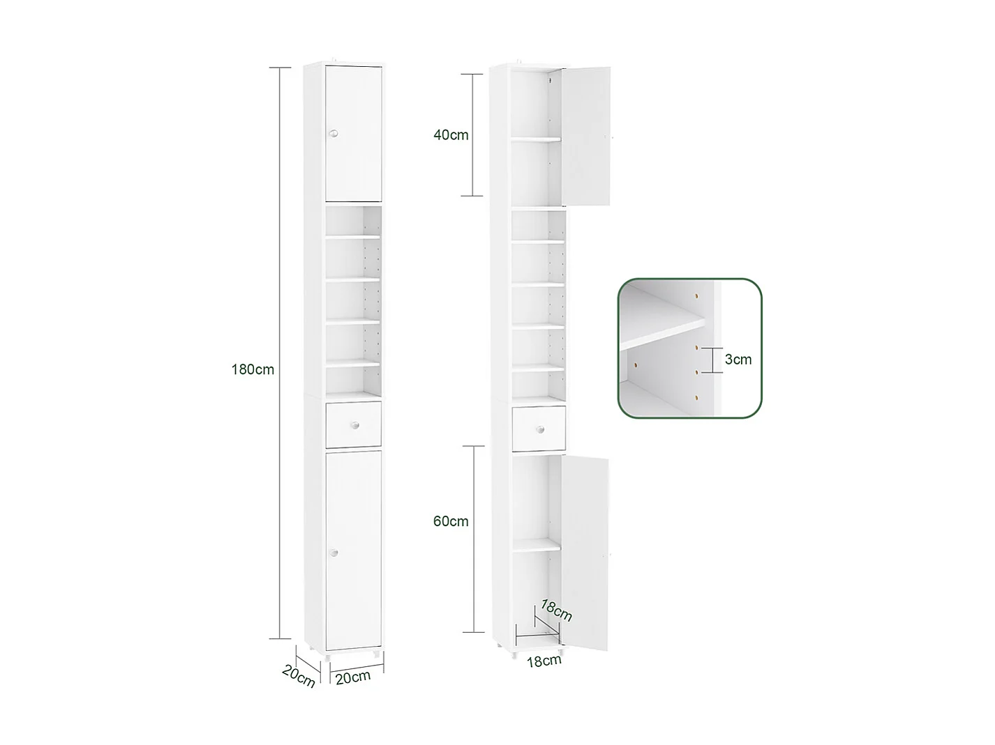 SoBuy Colonne de Salle de Bain Étroite Hydrofuge avec Étagères et Tiroirs Blancs