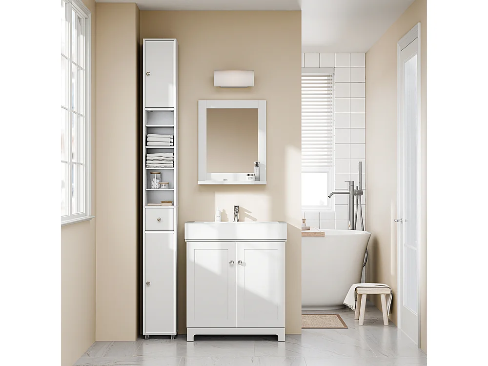 SoBuy Colonne de Salle de Bain Étroite Hydrofuge avec Étagères et Tiroirs Blancs