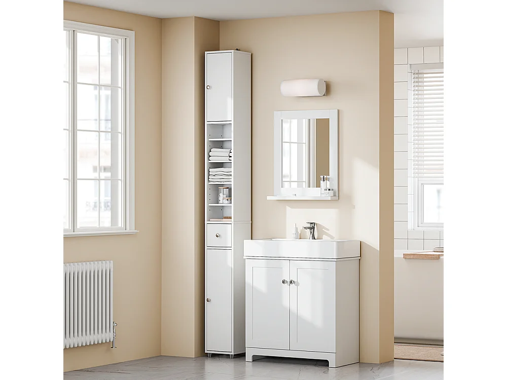 SoBuy Colonne de Salle de Bain Étroite Hydrofuge avec Étagères et Tiroirs Blancs