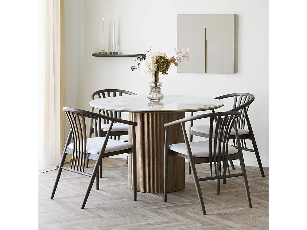 Athens - Table à manger 4 personne ronde effet marbre et bois - Marbre blanc