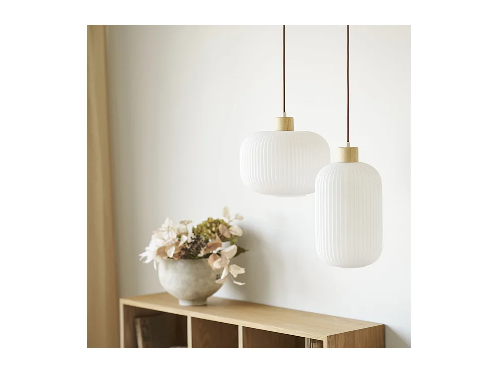 Argalo - Suspension en verre et bois 20x38cm - Blanc