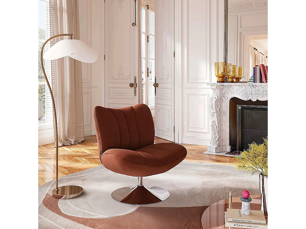 Habitat - Fauteuil pivotant matelassé en tissu et métal chromé  - Terracotta - Andrew