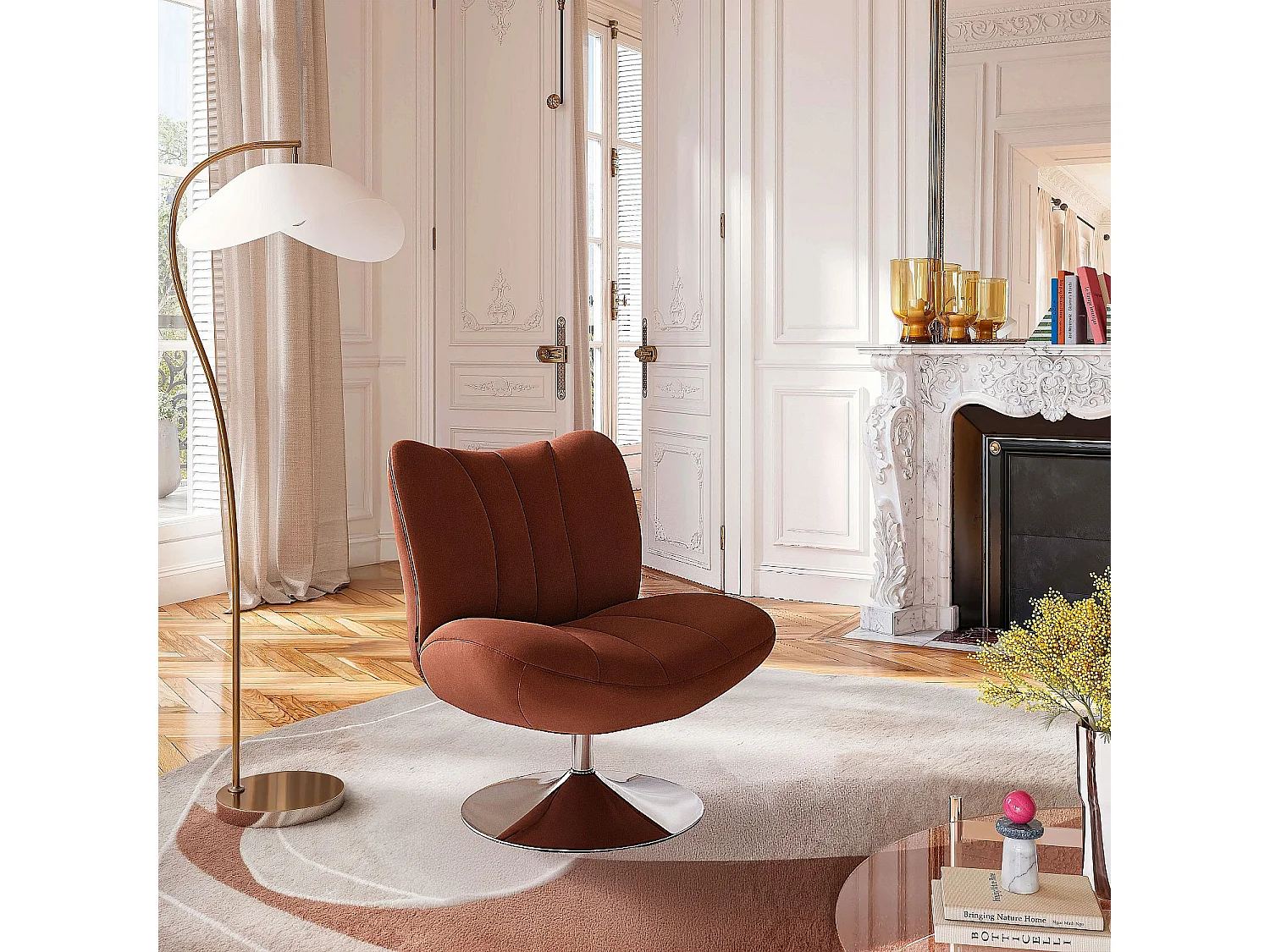 Habitat - Fauteuil pivotant matelassé en tissu et métal chromé  - Terracotta ANDREW