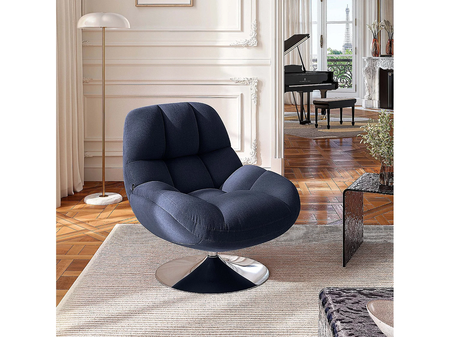 Fauteuil pivotant en tissu et métal chromé - Bleu nuit