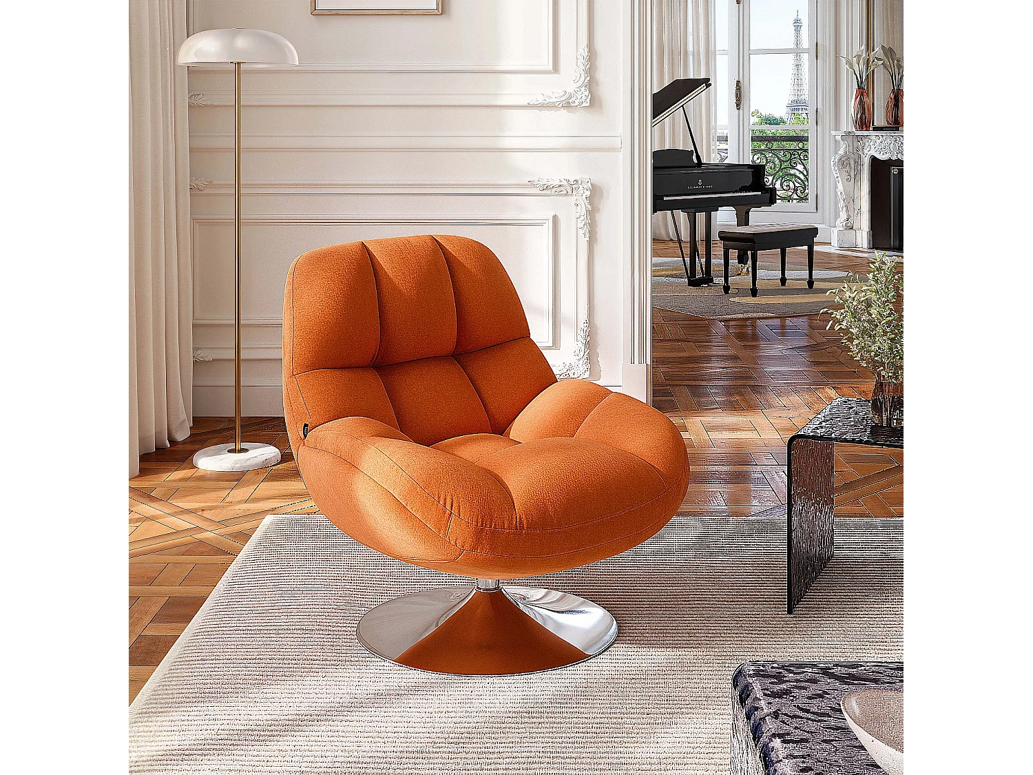 Fauteuil pivotant en tissu et métal chromé - Orange