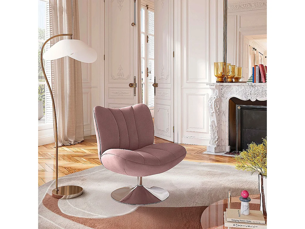Habitat - Fauteuil pivotant matelassé en tissu et métal chromé  - Vieux rose - Andrew