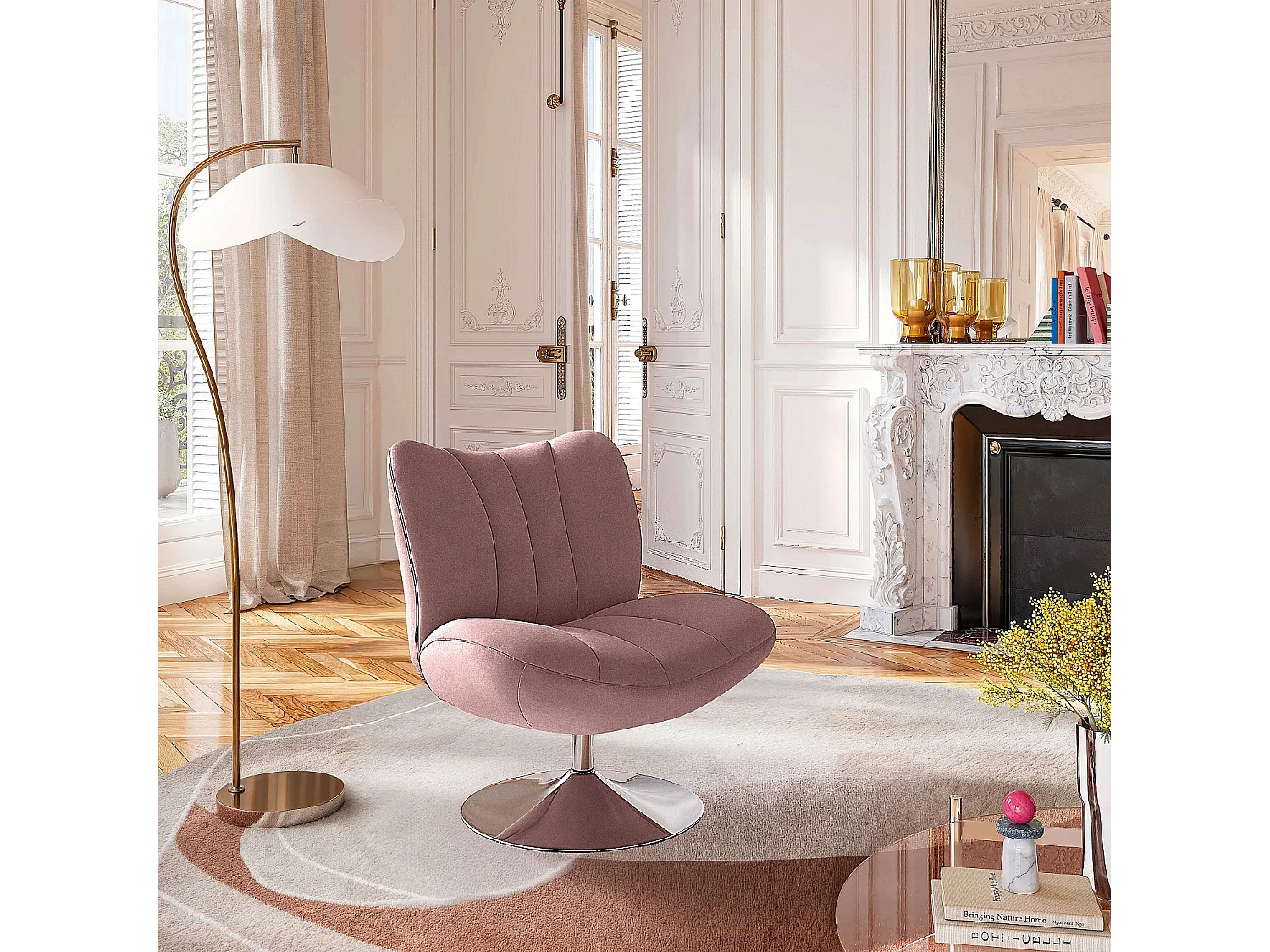 Fauteuil pivotant matelassé en tissu et métal chromé  - Vieux rose