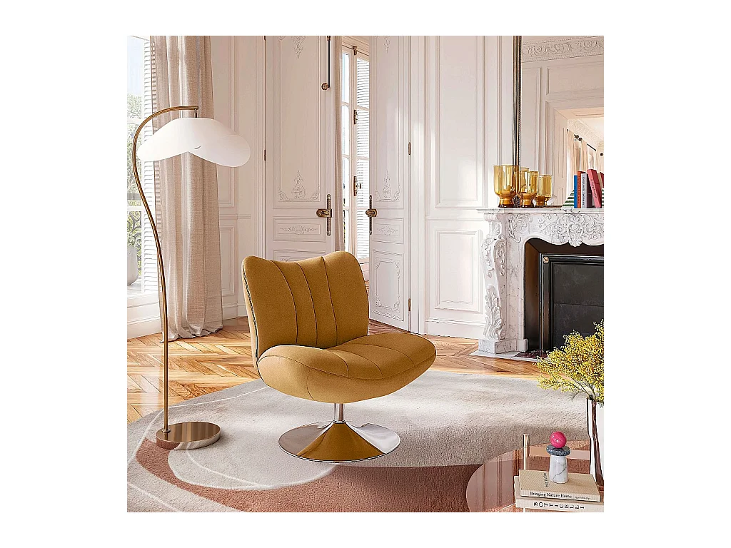 Habitat - Fauteuil pivotant matelassé en tissu et métal chromé  - Miel - Andrew