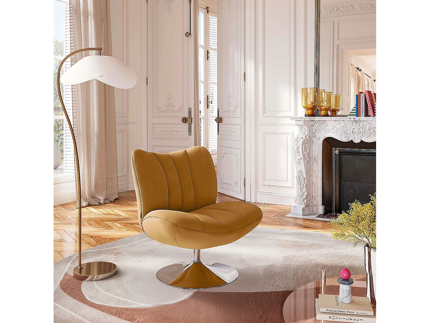 Habitat - Fauteuil pivotant matelassé en tissu et métal chromé  - Miel - Andrew