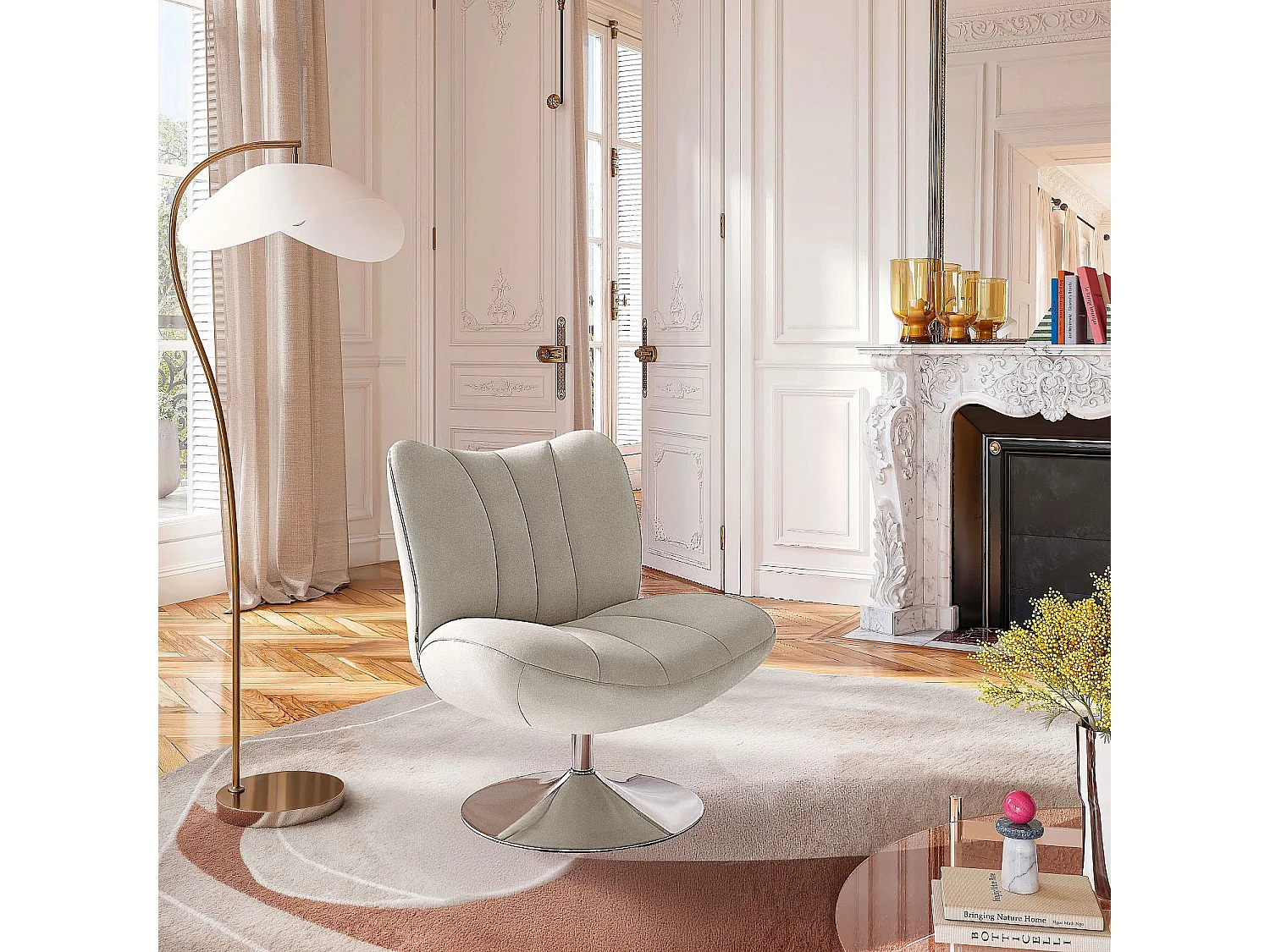 Habitat - Fauteuil pivotant matelassé en tissu et métal chromé  - Crème - Andrew