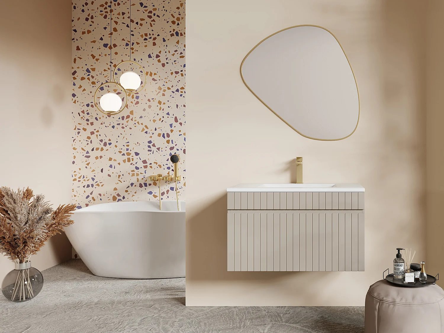 Meuble sous vasque suspendu strié beige - 80 cm - SATARA