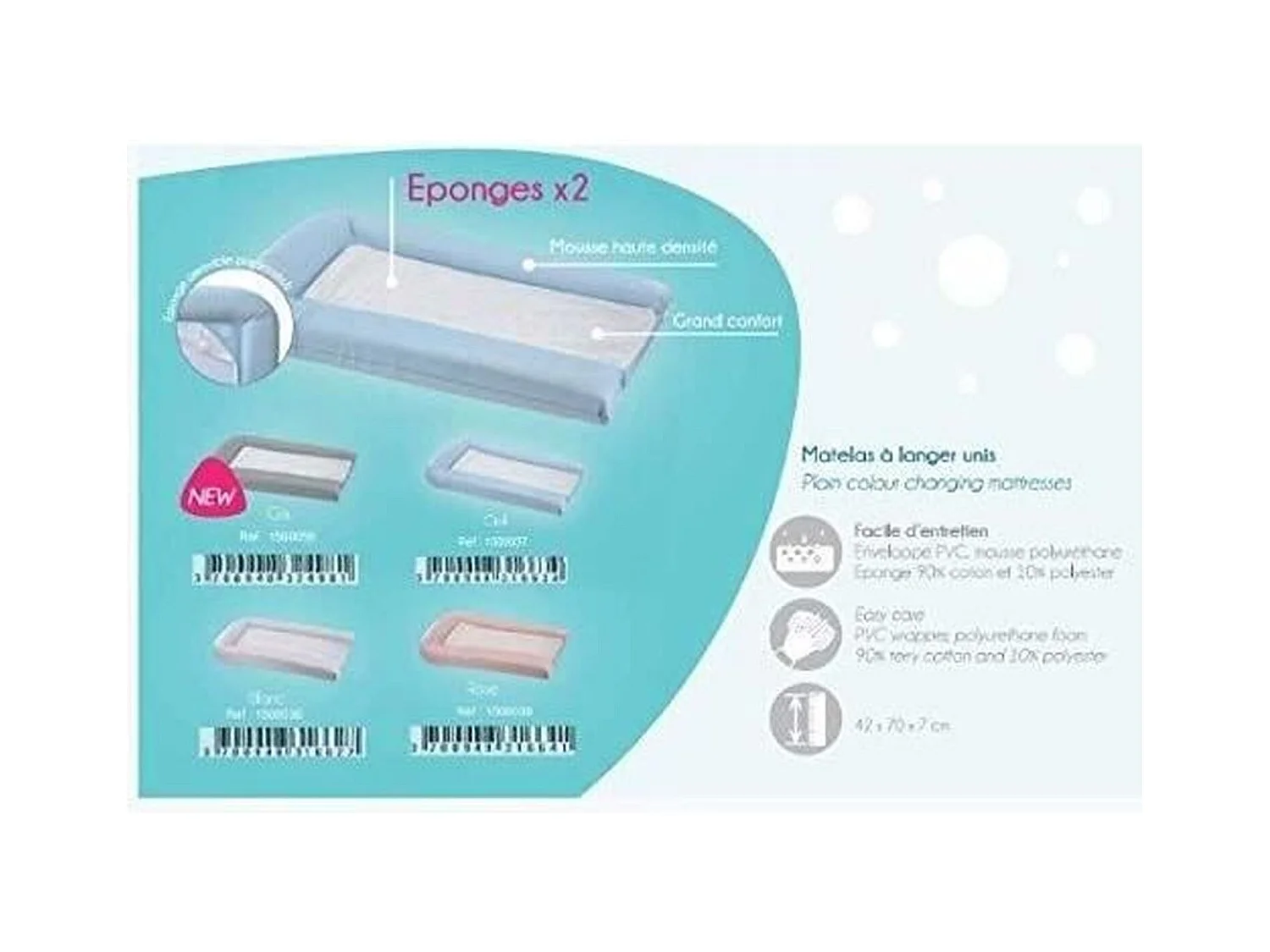 Matelas à langer avec éponges amovibles - Blanc - 42 x 70 cm