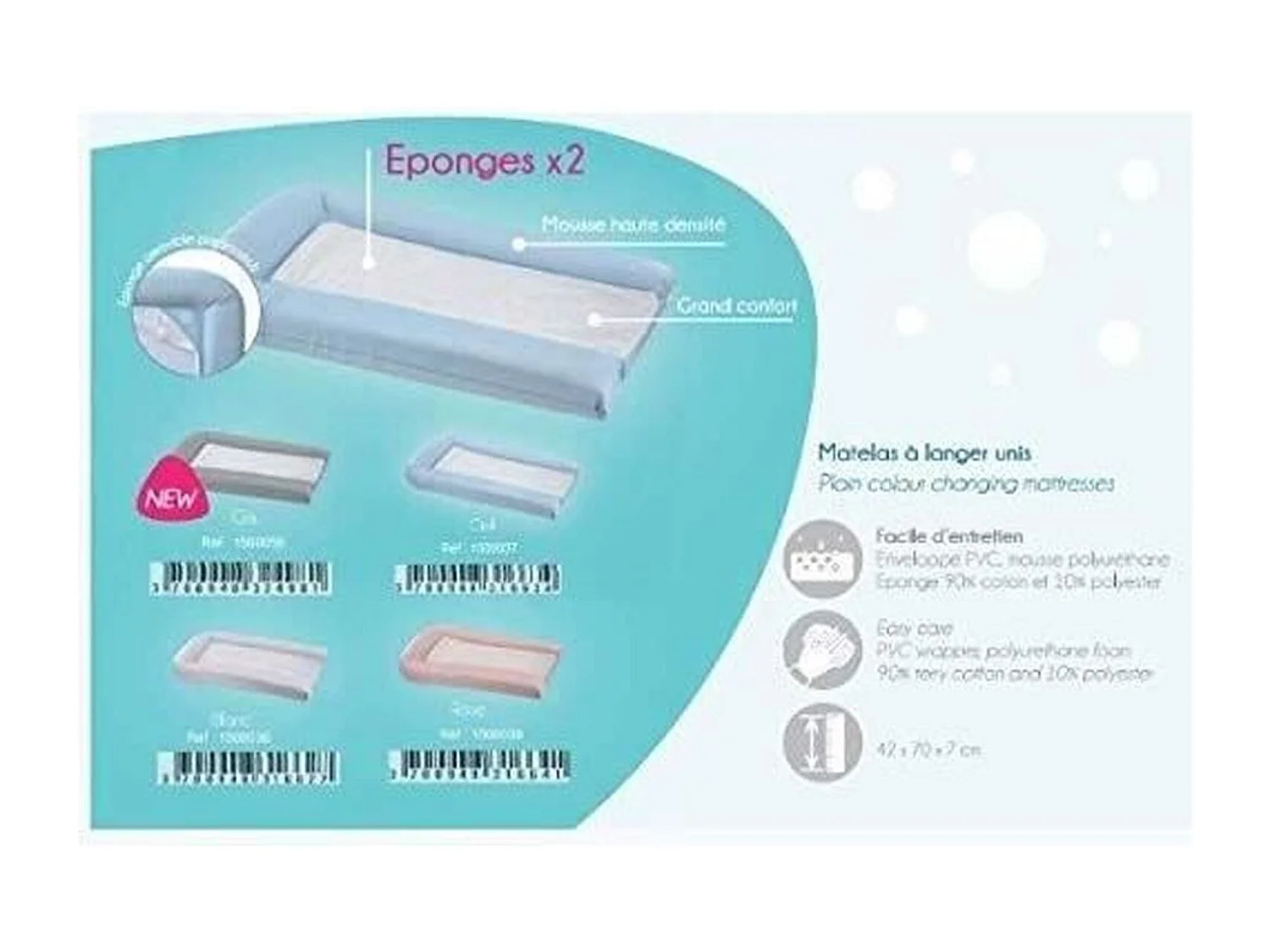 Matelas à langer avec éponges amovibles - Blanc - 42 x 70 cm