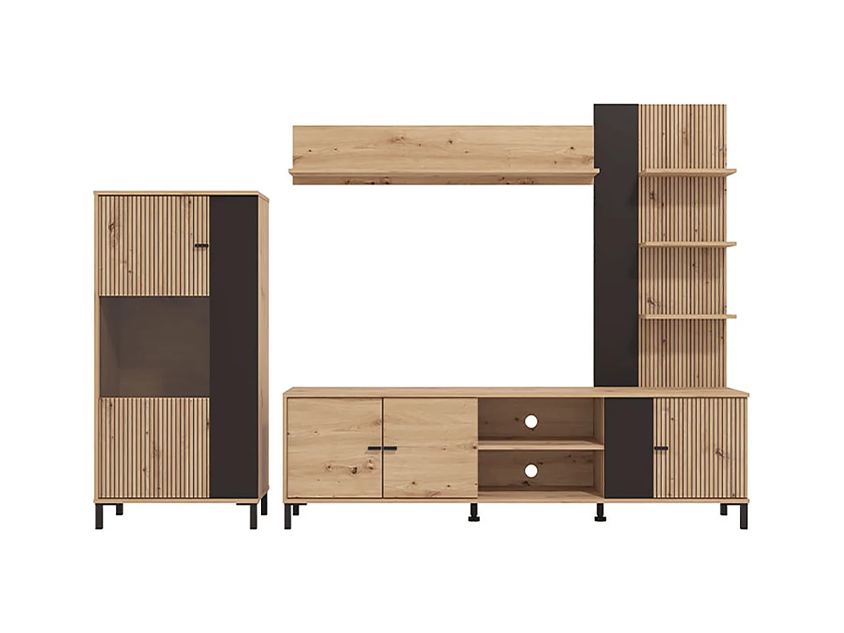 Ensemble TV avec vitrine, meuble TV et étagère couleur Chêne artisan / Noir - Longueur 263 x profondeur 40 x hauteur 167 cm