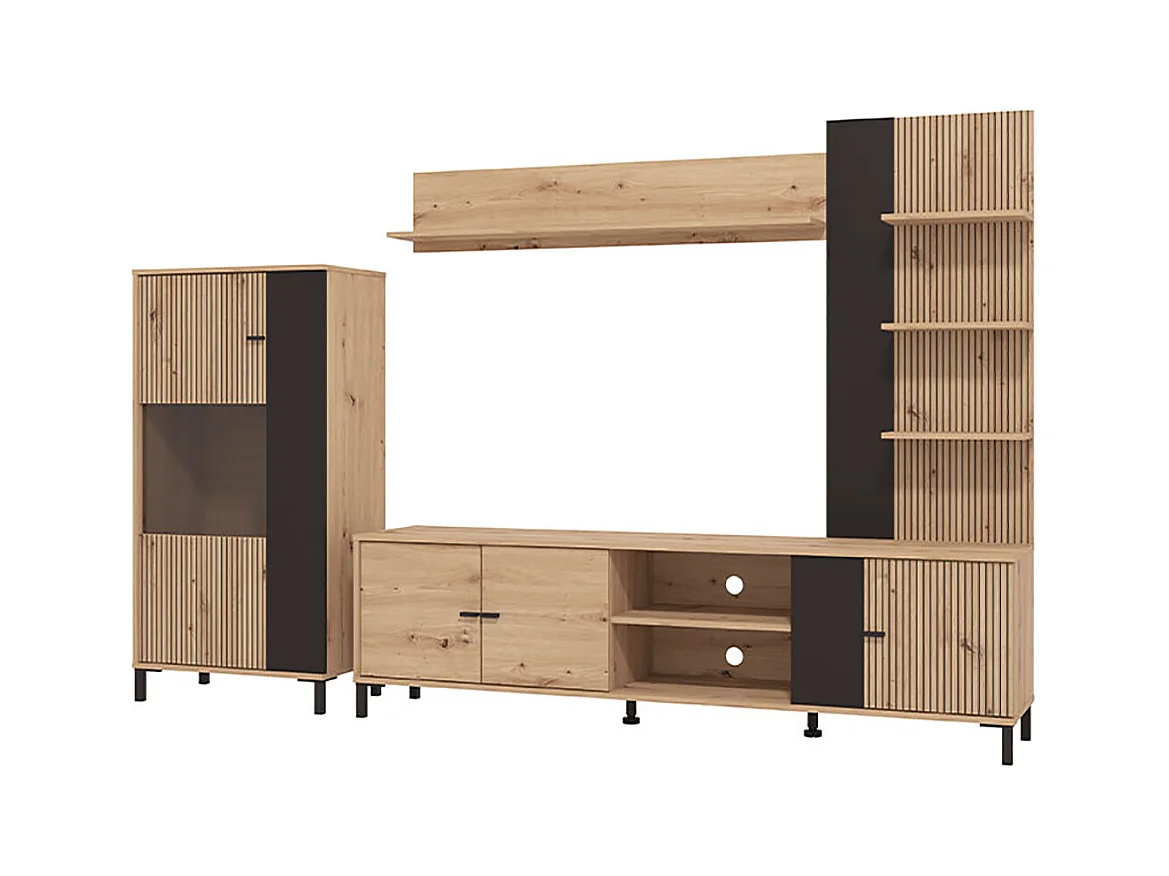 Ensemble TV avec vitrine, meuble TV et étagère couleur Chêne artisan / Noir - Longueur 263 x profondeur 40 x hauteur 167 cm