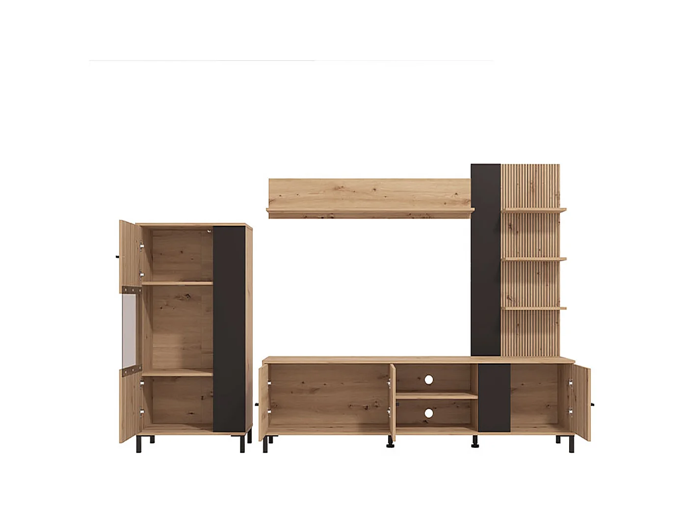 Ensemble TV avec vitrine, meuble TV et étagère couleur Chêne artisan / Noir - Longueur 263 x profondeur 40 x hauteur 167 cm