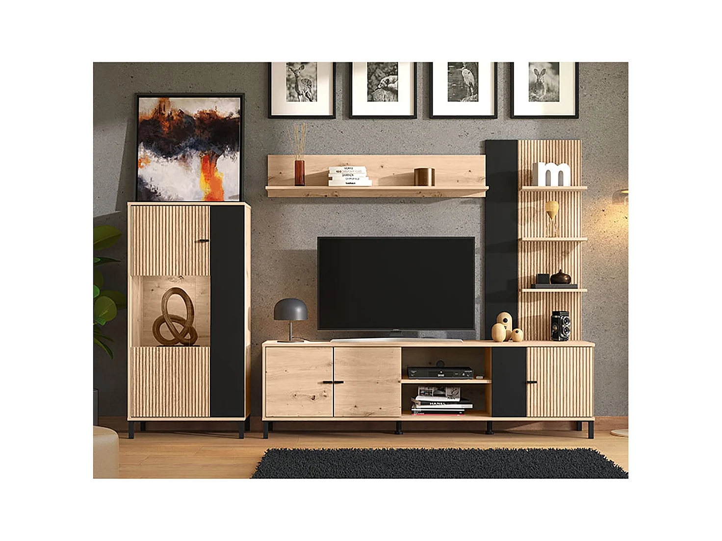 Ensemble TV avec vitrine, meuble TV et étagère couleur Chêne artisan / Noir - Longueur 263 x profondeur 40 x hauteur 167 cm