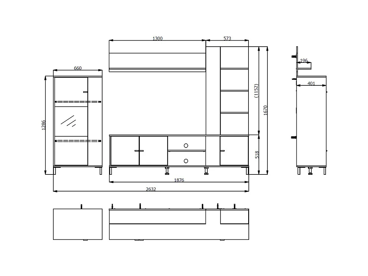 Ensemble TV avec vitrine, meuble TV et étagère couleur Chêne artisan / Noir - Longueur 263 x profondeur 40 x hauteur 167 cm