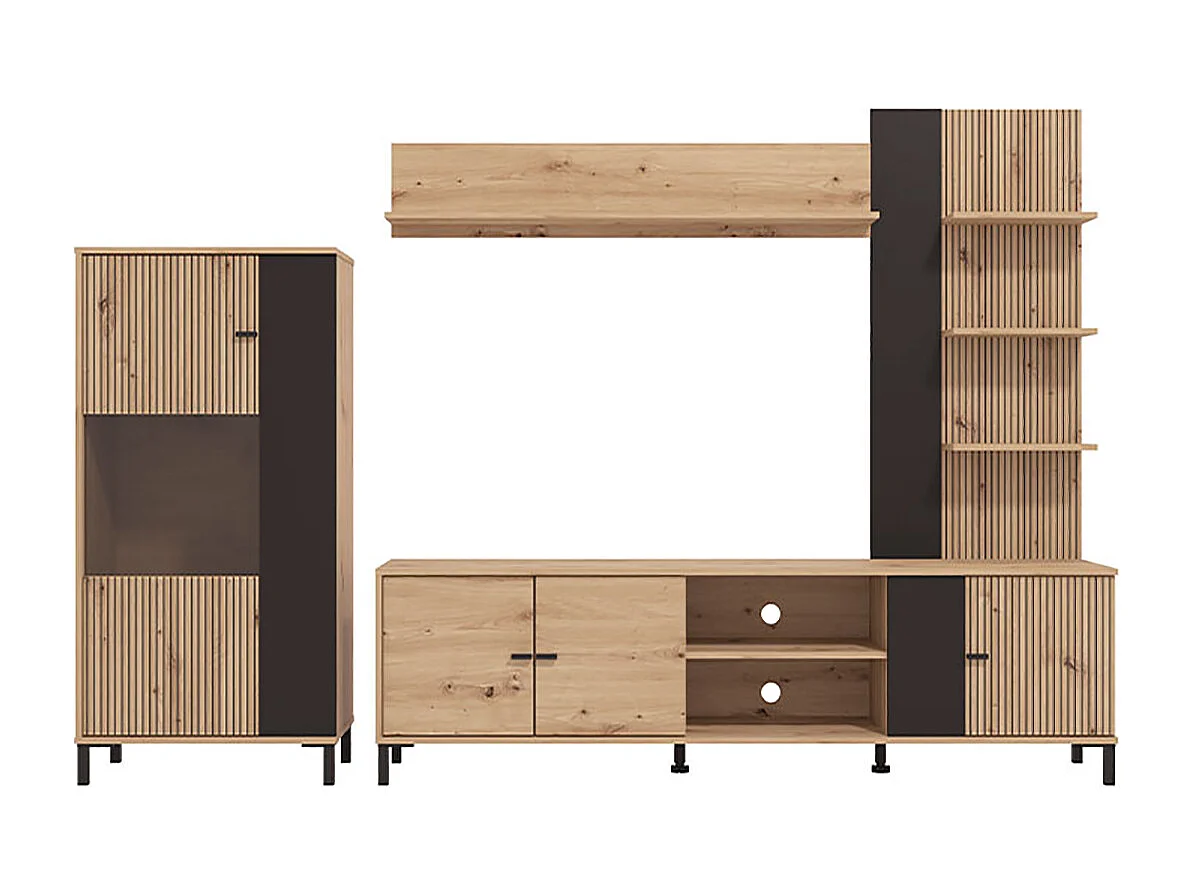 Ensemble TV avec vitrine, meuble TV et étagère couleur Chêne artisan / Noir - Longueur 263 x profondeur 40 x hauteur 167 cm