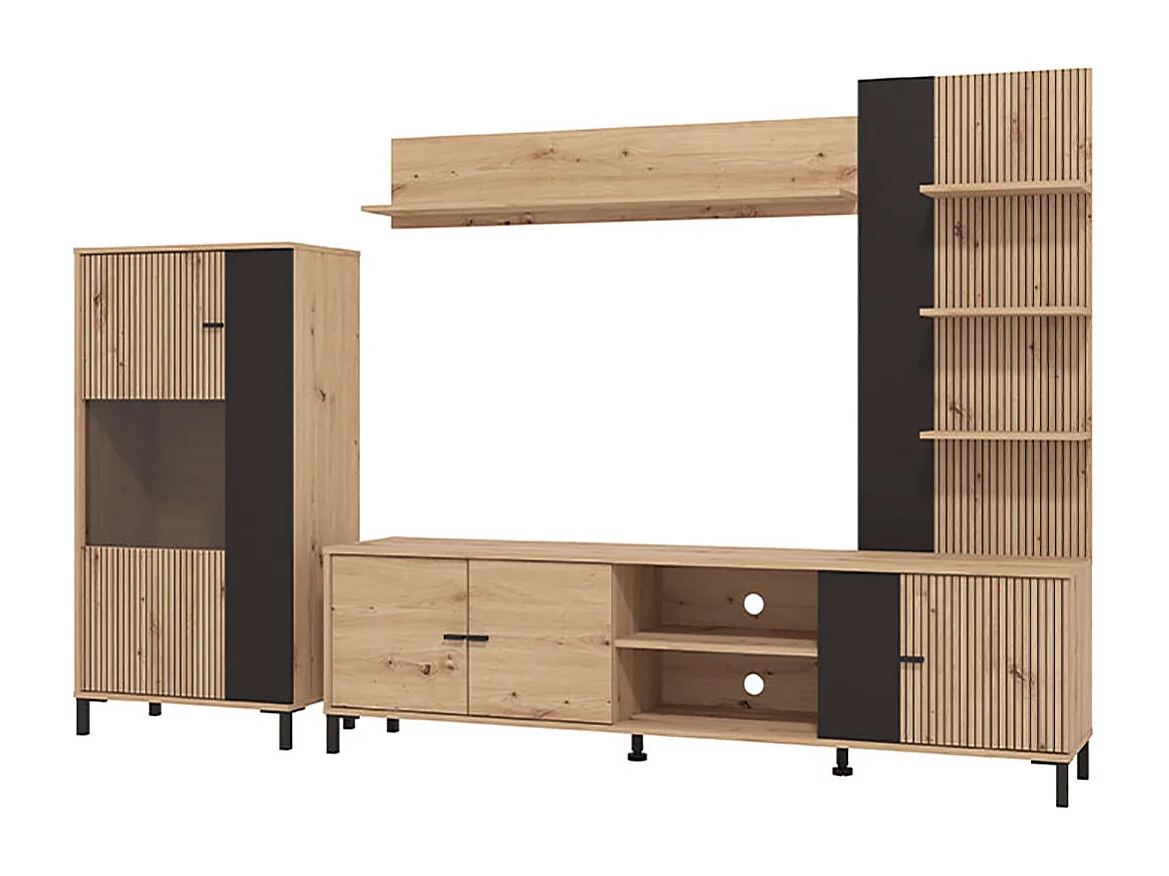 Ensemble TV avec vitrine, meuble TV et étagère couleur Chêne artisan / Noir - Longueur 263 x profondeur 40 x hauteur 167 cm