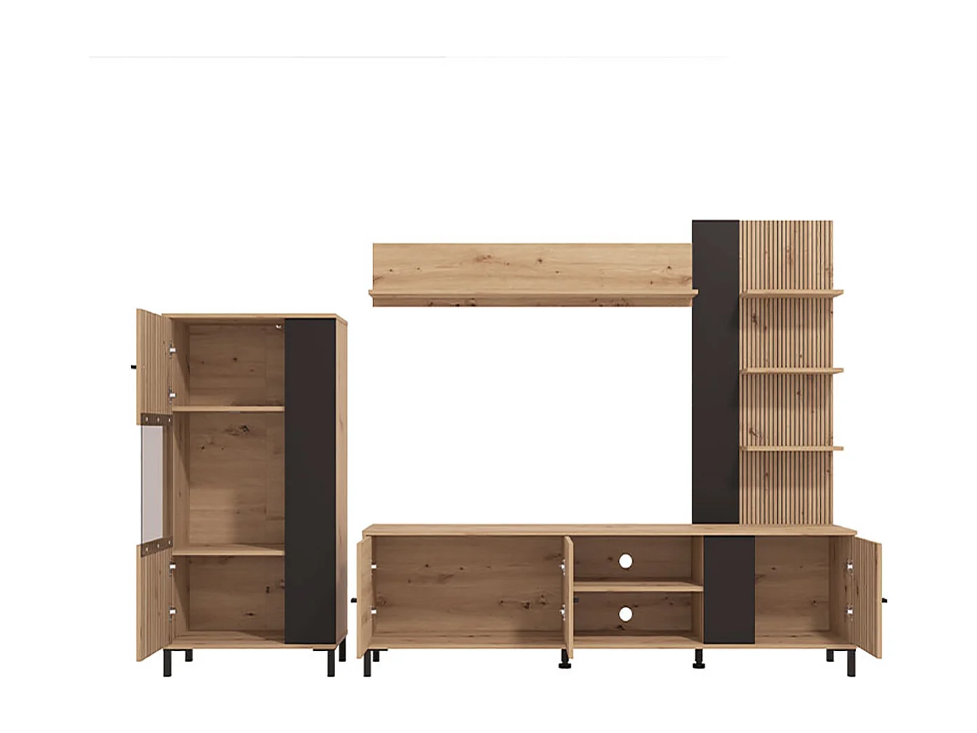 Ensemble TV avec vitrine, meuble TV et étagère couleur Chêne artisan / Noir - Longueur 263 x profondeur 40 x hauteur 167 cm