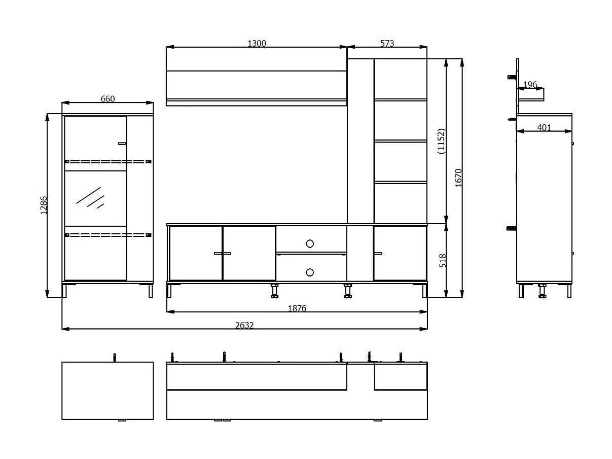 Ensemble TV avec vitrine, meuble TV et étagère couleur Chêne artisan / Noir - Longueur 263 x profondeur 40 x hauteur 167 cm