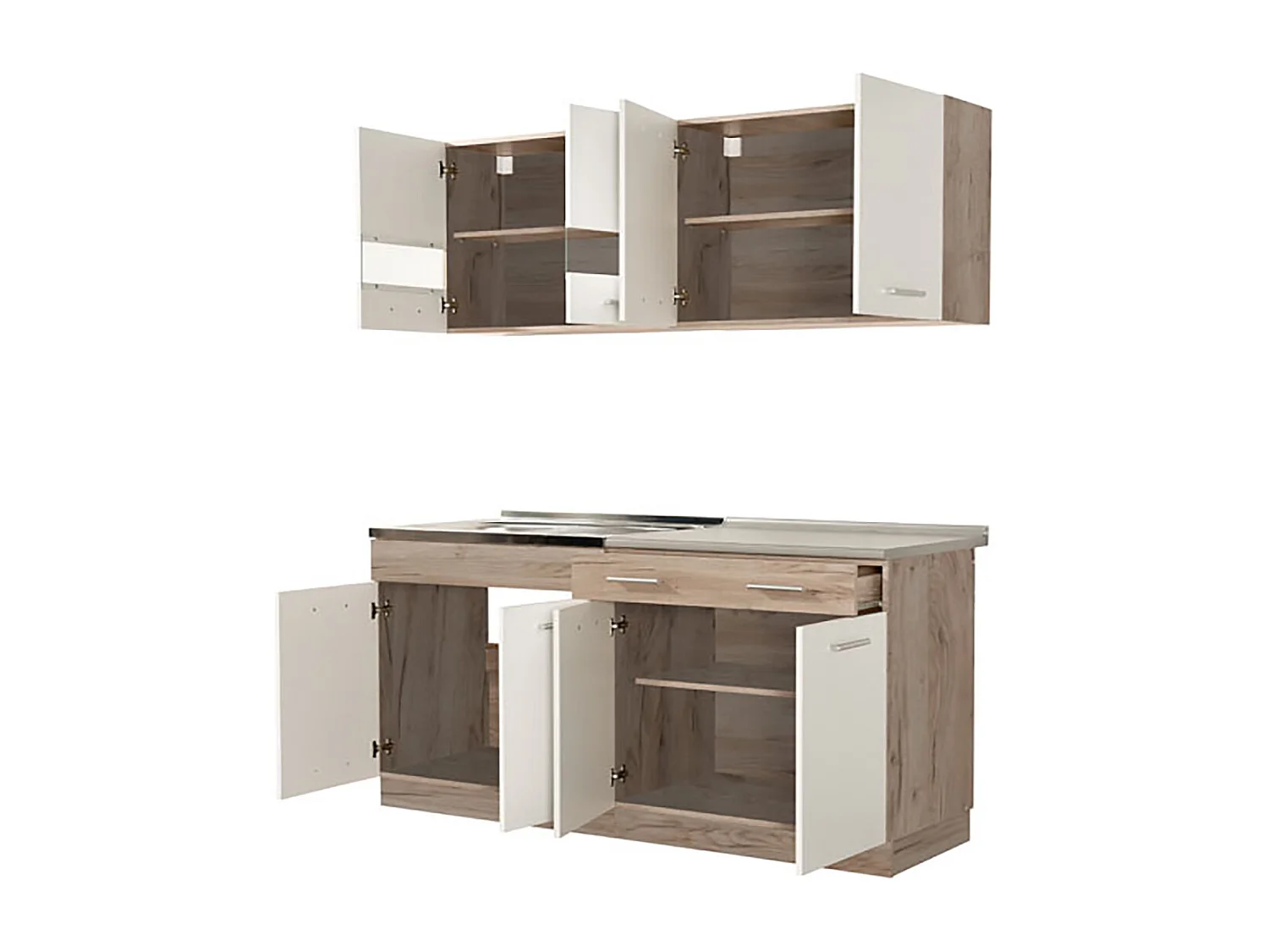 Cuisine 4 éléments couleur chêne/blanc avec plan de travail - Longueur 160,5 x Profondeur 51.6/60 x Hauteur 206.5 cm