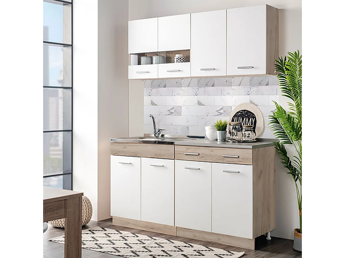 Cuisine 4 éléments couleur chêne/blanc avec plan de travail - Longueur 160,5 x Profondeur 51.6/60 x Hauteur 206.5 cm