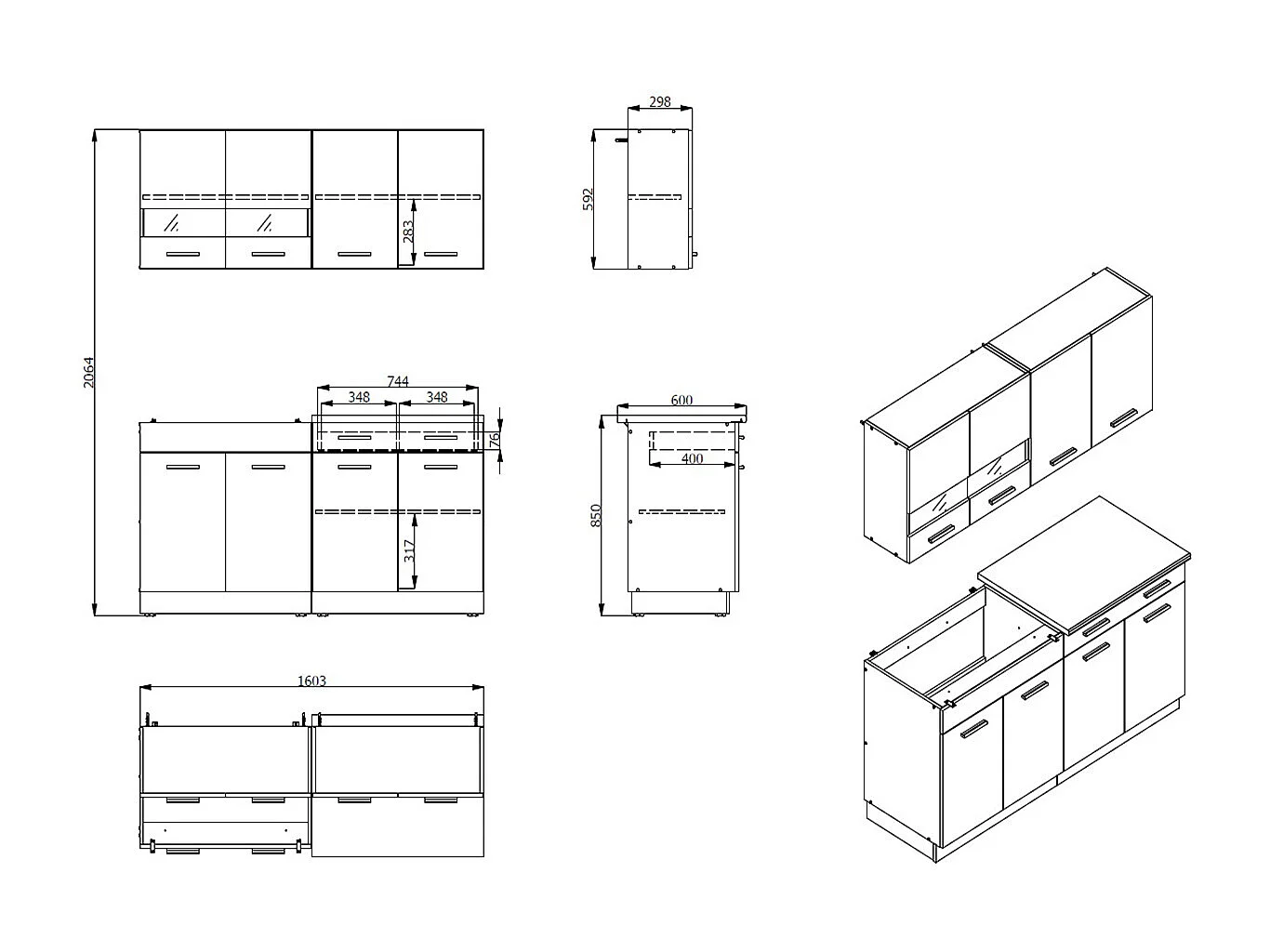 Cuisine 4 éléments couleur chêne/blanc avec plan de travail - Longueur 160,5 x Profondeur 51.6/60 x Hauteur 206.5 cm