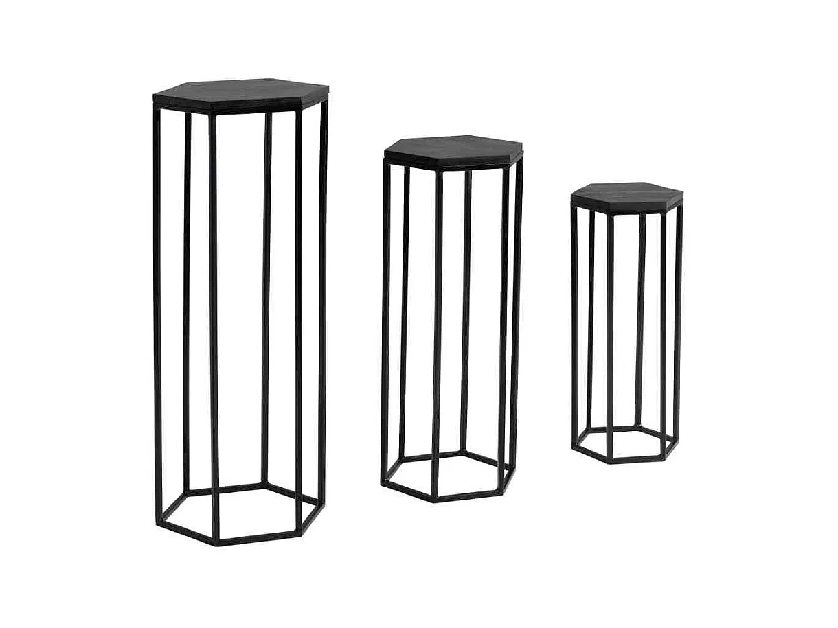 Beistelltische 3er Set aus Mangobaum Massivholz & Metall Schwarz (dreiteilig)