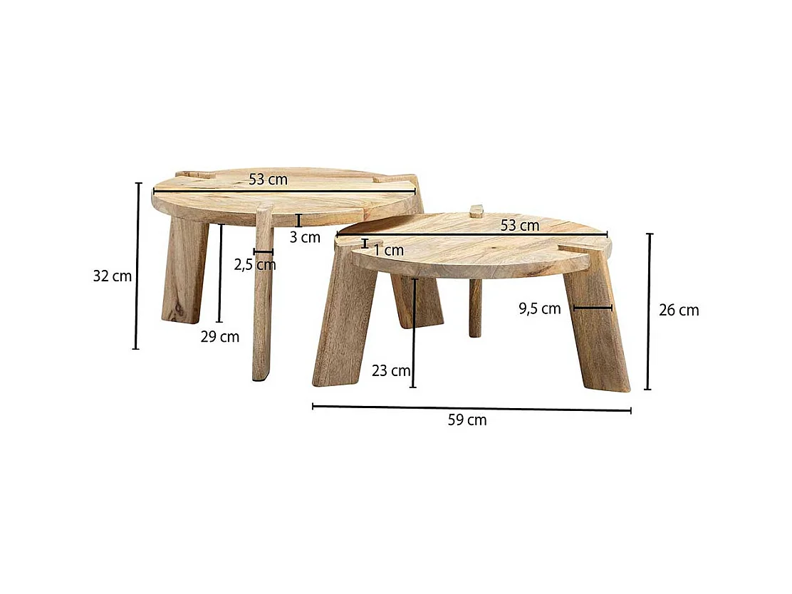 Beistelltische Sofa in Mangobaum Natur Dreifußgestell (zweiteilig)